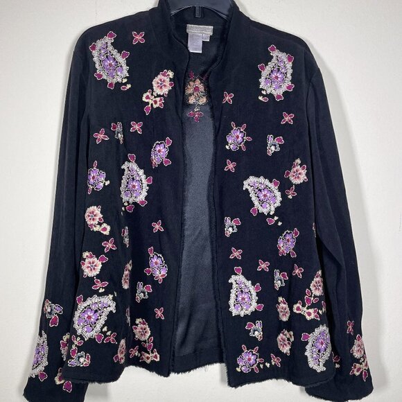 Coldwater Creek Jackets & Blazers - Coldwater Creek Women's Embroidered Floral Black Open Jacket Large